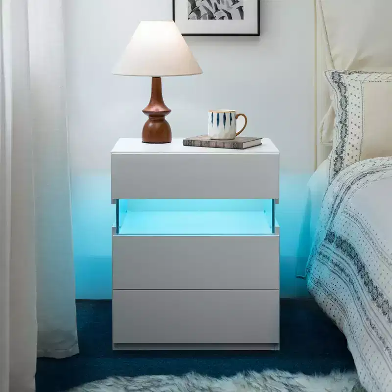 GDFStudio Modern LED Nightstand with 3 Drawers and Acrylic Board