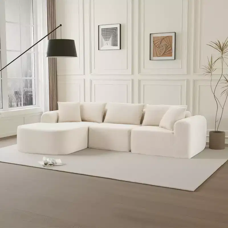 Dovelina Teddy Fabric Foam-Filled Sleeper 3-Seat Sofa,Modern Comfy Upholstered Sofa L-Shape Couches with Soft Pillows