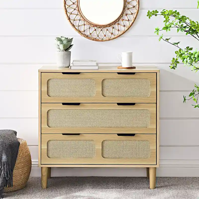 Walnut / Black 3-Drawer Rattan Dresser, Single, Metal Handles