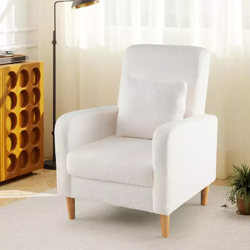 Costway Accent Chair w/Lumbar Pillow Teddy Fleece Cover Rubber Wood Legs for Living Room