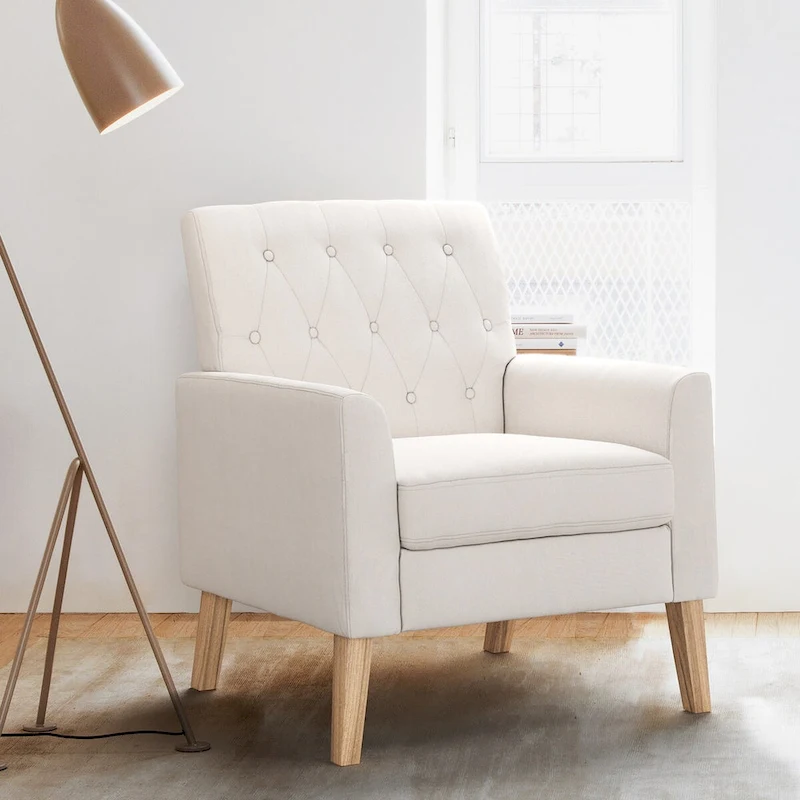 LUE BONA Linen and Walnut Legs Mid Century Modern Button Tufted Accent Chair - 29.53 H X 30 W X 33.07 D