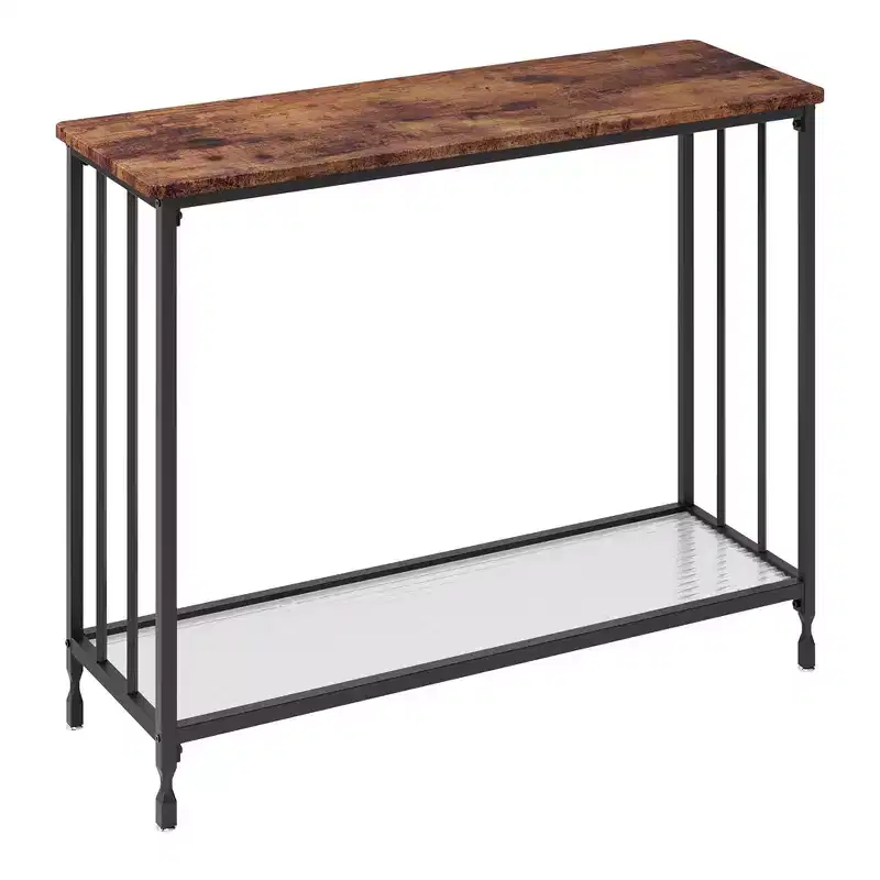 2-Tier Industrial Console Table with Glass Shelf (Rustic Brown, for Living Room/Hallway/Bedroom)
