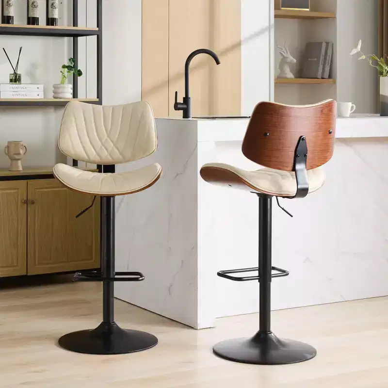 Walnut Bentwood Bar Stools Mid Century Modern Adjustable Counter Height Leather Upholstered 360 Swivel Bar Chairs, Beige