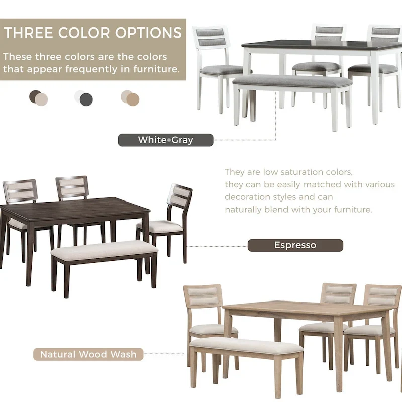 6-Piece Wooden Dining Table Set with 4 Chairs & Bench
