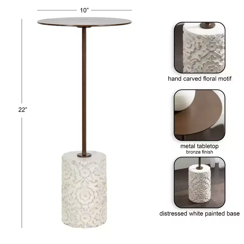 Kate and Laurel Joya Carved Wood and Metal Drink Table, 10x10x22, White