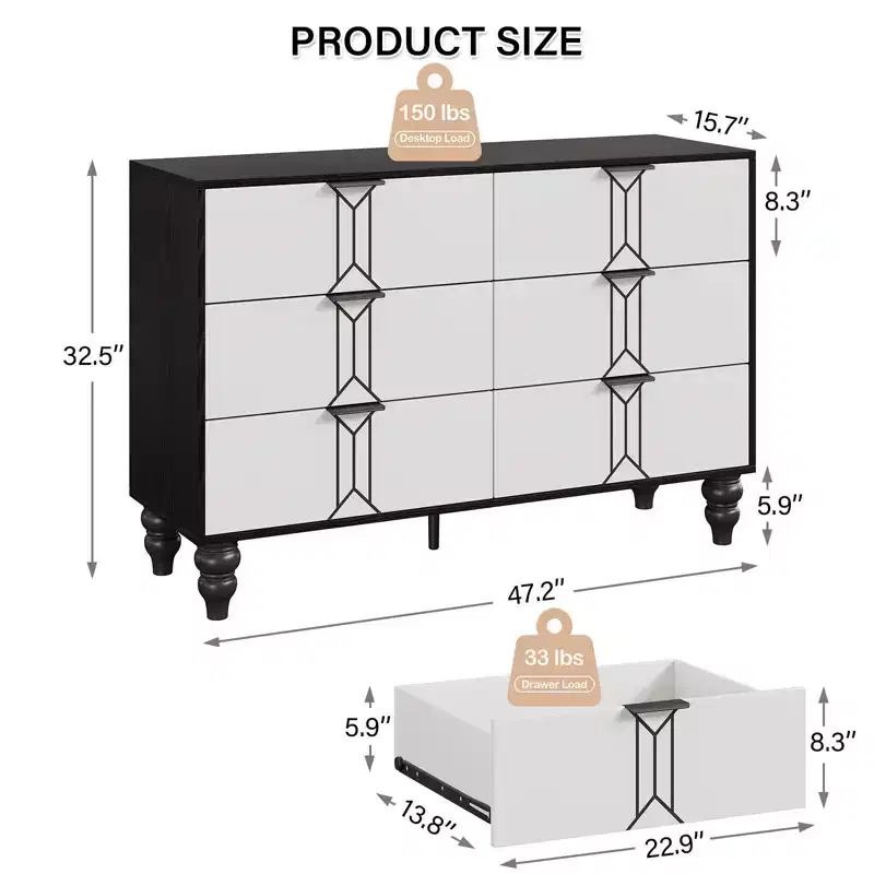 COZONY Modern Wooden 6-Drawer Dresser with Vintage Pattern & Deep Drawers  Chest for Bedroom, Living Room & Entryway Storage