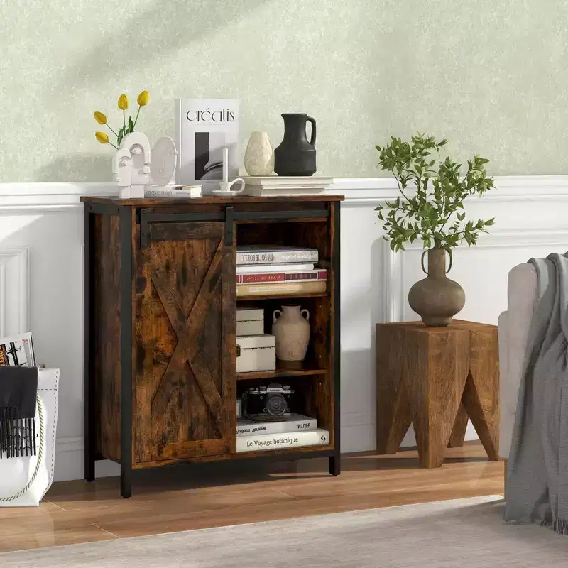 32 Farmhouse Accent Storage Cabinet with Sliding Barn Door & Adjustable Shelves