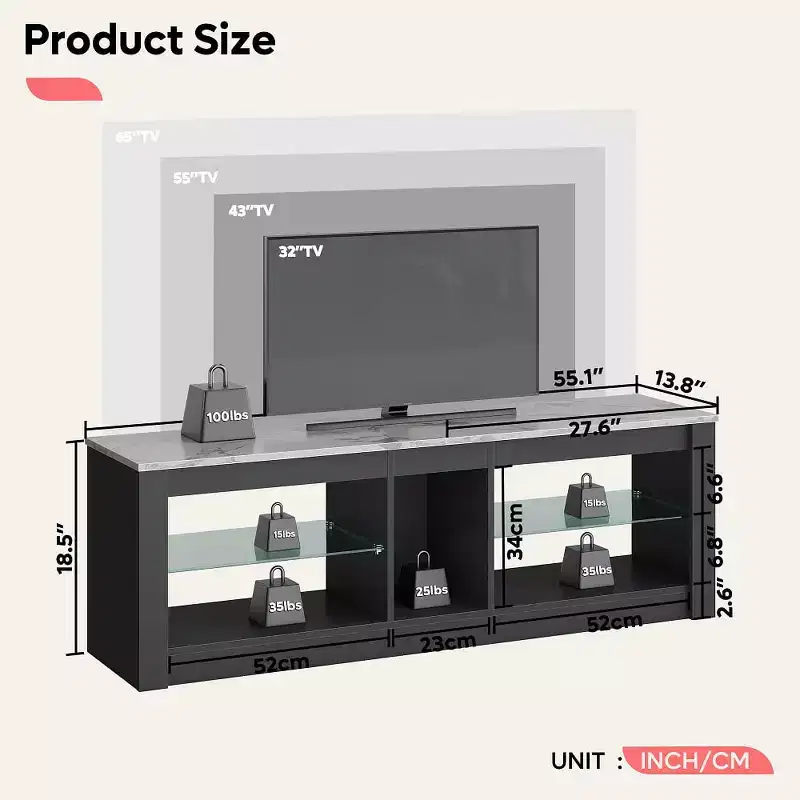 Particle Board TV Stand with Glass Shelves 18.5''H x 55.12''W x 13.78''D