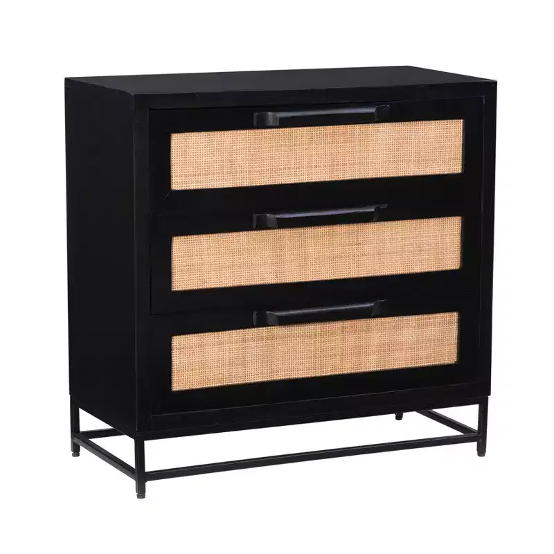 Gordon 3-Drawer Cabinet, Solid Mango Wood & Natural Cane, Black Metal Legs, Modern Farmhouse