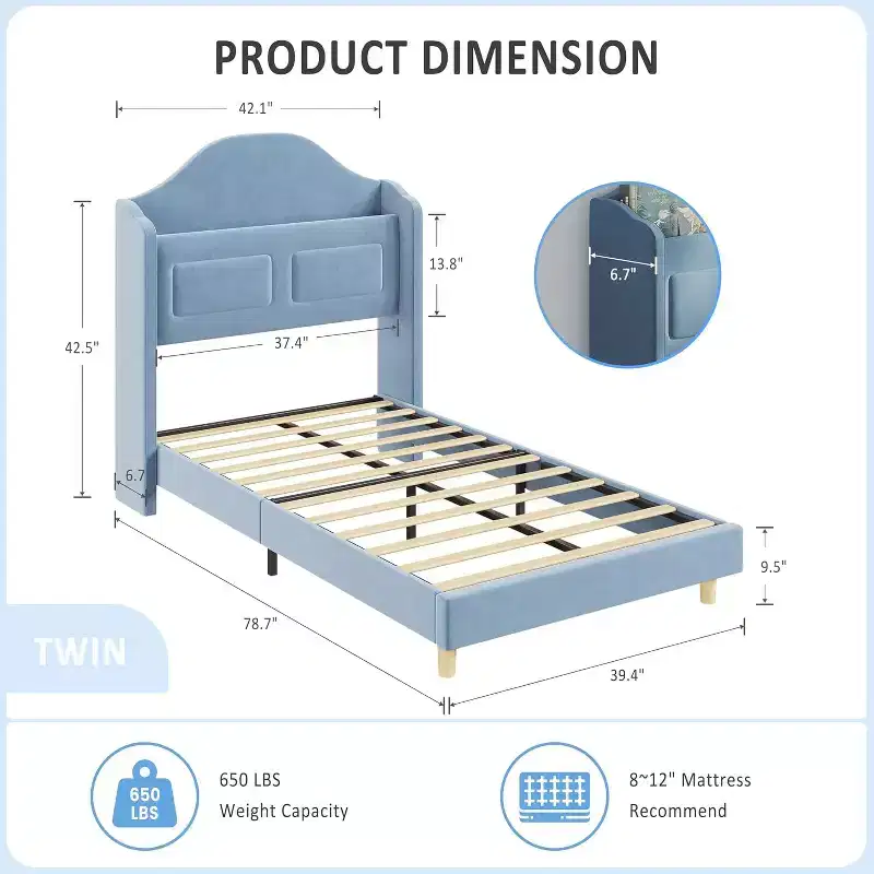 Pink Velvet Twin Bed Frame with Bookcase Headboard, Glow Feature, Storage, No Box Spring, Easy Assembly