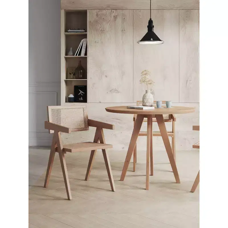 Set of 2 Hamlet Dining Arm Chairs Natural - Manhattan Comfort: Mid-Century Modern, Ash Wood Base, Rattan Backrest