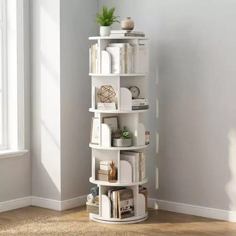5-Tier 360 Rotating Bookcase Storage, Circular Rotating Bookcase, Space-Saving Compact Bedroom Bookcase Tower, Warm White