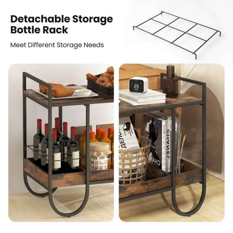 Rolling Buffet Serving Cart with Removable Metal Wire Wine Rack-Brown - 24 x 17 x 29 (L x W x H)