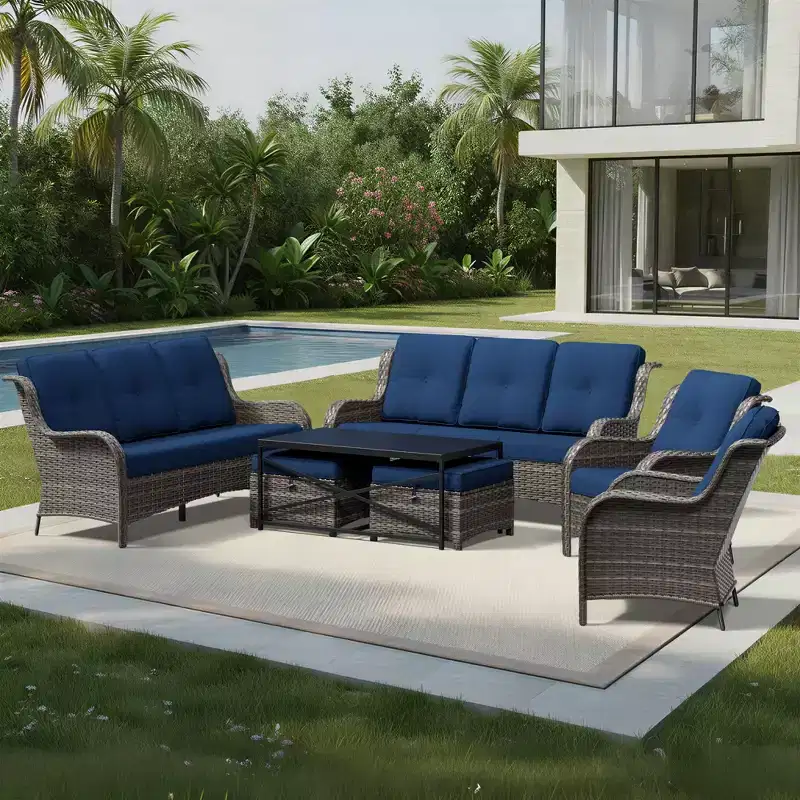 UPTIOT Premium Outdoor Sofa Set with Wicker Chairs, Ottomans, and Coffee Table