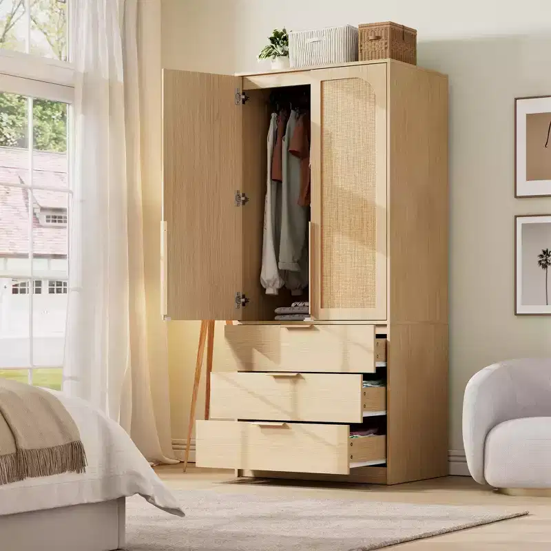 Wardrobe Closet, Modern Wooden Armoire with 3 Drawers & 2 Doors for Hanging Clothes