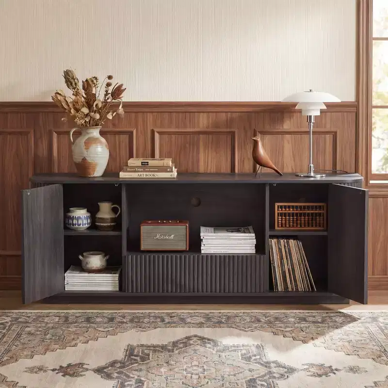 64-Inch Wavy TV Stand, Rounded Sideboard, Storage Cabinet, Wooden Vertical Stripe Cabinet for Living Room/Bedroom/Entryway.