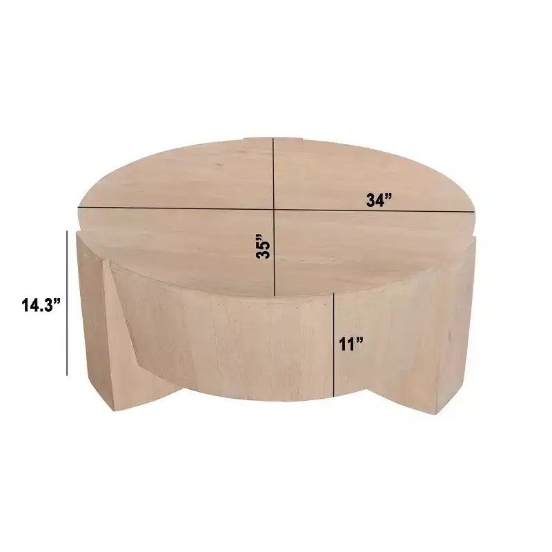 Royal Hampton 35 Inch Round Drum Coffee Table with 3-Leg Base, Sandblasted Mango Wood