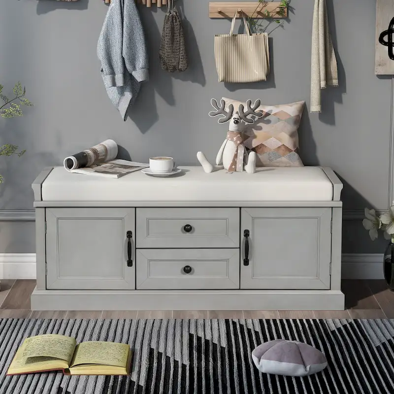 Entryway Storage Bench with 2 Drawers & 2 Cabinets – White / Navy / Espresso / Gray / Black, Velvet Cushion