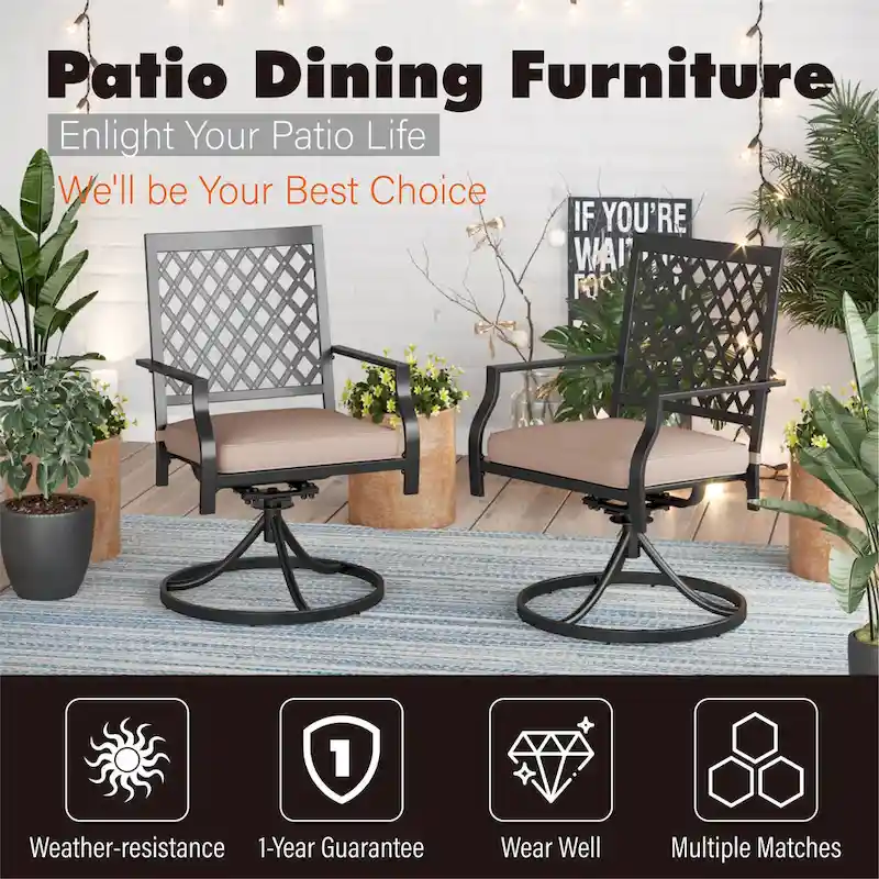 MAISON ARTS 6-Piece Metal Patio Dining Set: 4 Swivel Chairs, 1 Steel Frame Square 37 Table and 1x10ft 3-Tier Red Umbrella