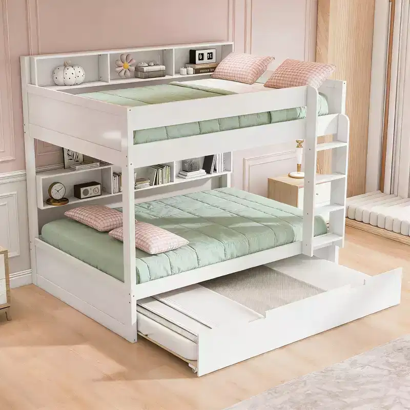Luxystar Modern Full over Full Bunk Bed with Shelves and Trundle