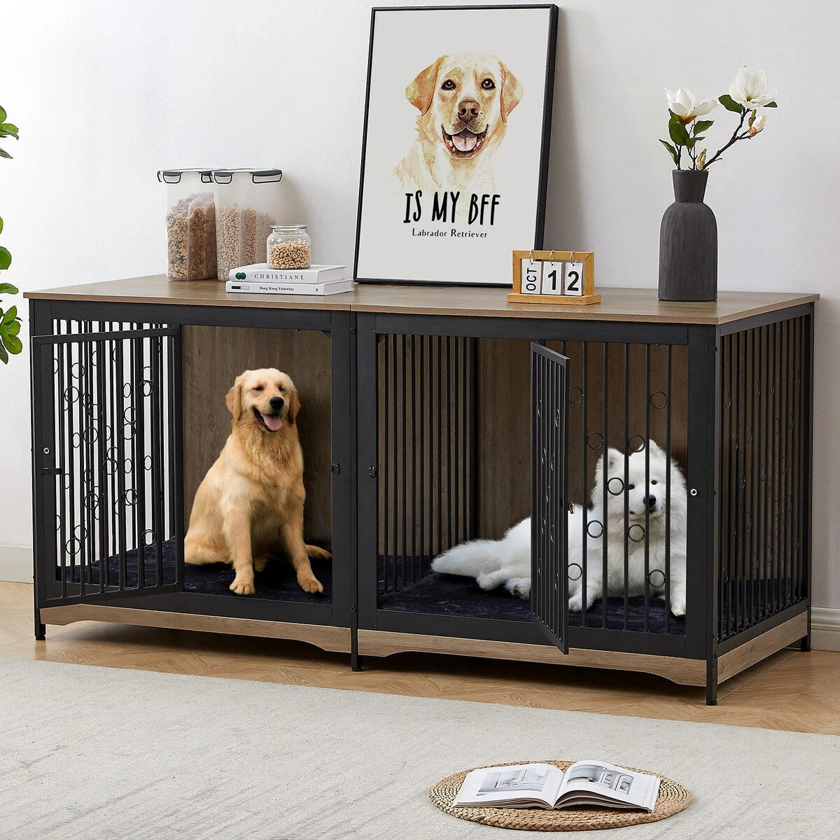 70.86'' Dog Crate Furniture Large Breed TV Stand with Cushion & Double Rooms (No Cushion)