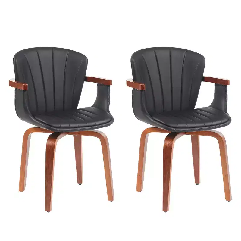 Homy Casa Set of 2 Swivel PU Leather Dining Chairs with Curved Wood Frame and Armrest