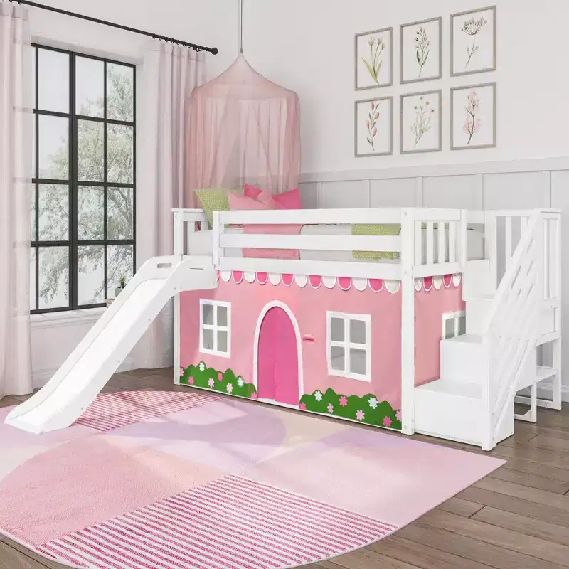 Low Twin over Twin Bunk Bed with Stairs, Easy Slide & Light Pink and White Farmhouse Curtain