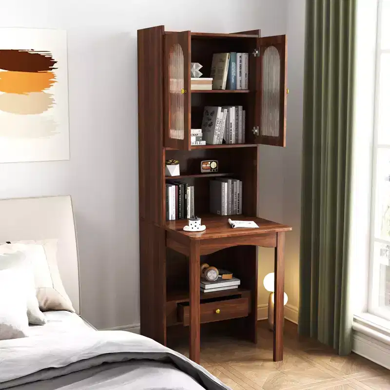 Walnut Fold-Out Wall Desk with Cabinet, 1 Drawer & 2 Glass Doors, Single-Person