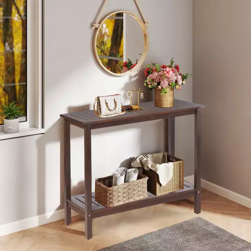 Vintage Wooden Console Table with Bottom Shelf, Entryway Table with Stripe Design, Accent Table for Living Room, Hallway, Brown