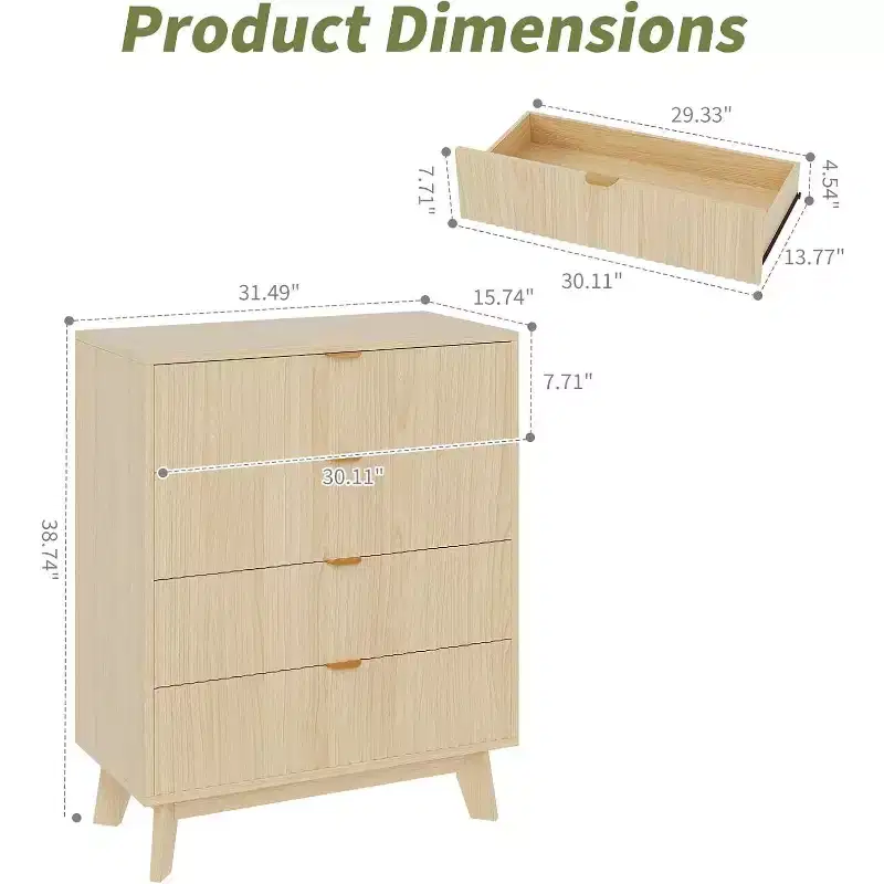 4 Drawer Dressers, Modern Fluted Closet Dressers Chest of Drawers, Wood Storage Dresser Chest of Drawers Organizer for Bedroom Living Room, Hallway