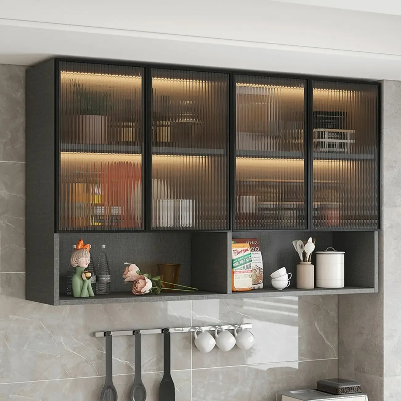 Kitchen Wood Wall-Mounted Grey Storage China Cabinet