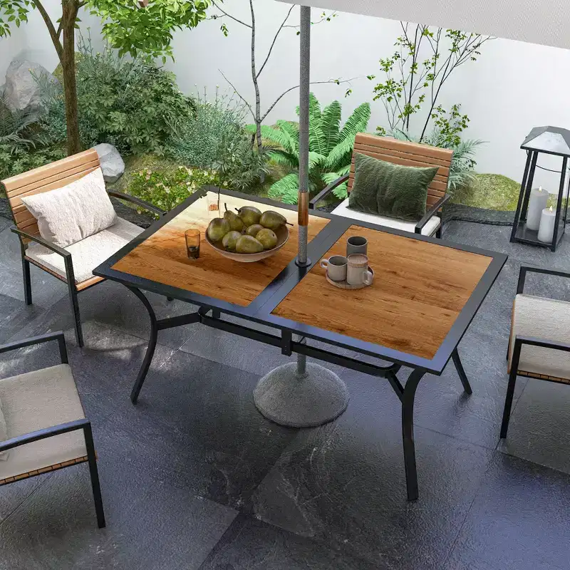 Rectangular Patio Table with Umbrella Hole, Faux Wood Rectangle Outdoor Dining Table for 6 People for Garden