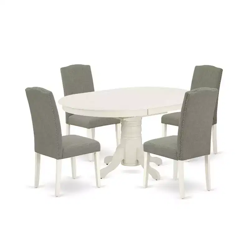 HomeStock 5-Pc Oval Linen White Finish Solid Wood Top Dining Table with 4 Parson Chair with Butterfly Leaf