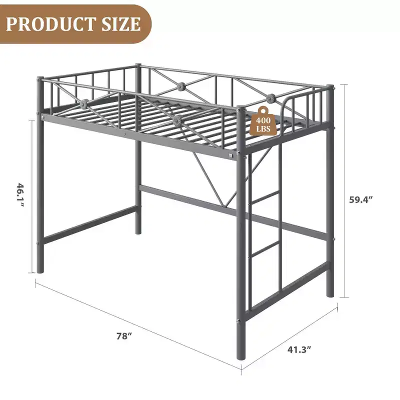 Twin Metal Loft Bed Frame with Guard Rails – Space Saving Kids & Teen Bed