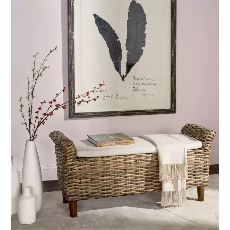 Upholstered Bench with Mango Wood and Rattan Frame, White and Brown