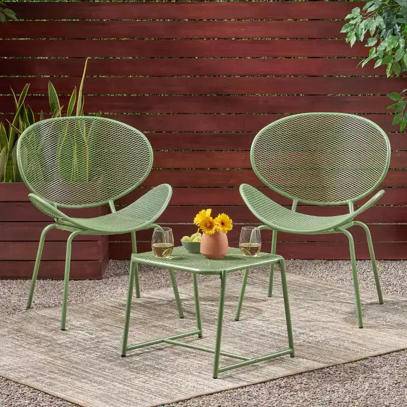 Christopher Knight Home James Outdoor 3 Piece Chat Set with Powder-Coated Iron Shell Chairs and Mesh Table