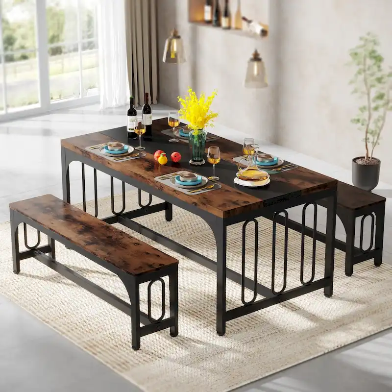 55 Dinning Room Table Set for 4-6, Farmhouse 3-Piece Kitchen Table with 2 Benches,BreakfastNook Bench KitchenNookTableSet