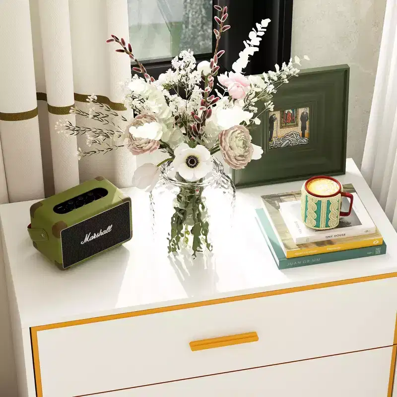 3-Drawer Modern Nightstand with Open Metal Frame, Black & Gold Finish, 28.7