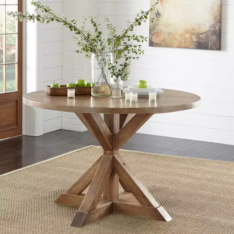 Buylateral 59 Roma Farmhouse Pedestal Dining Table Driftwood: Rubberwood & Veneer, 6 Seats, Pedestal Base