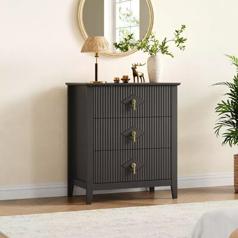 3-Drawer Modern Dresser with Fluted Panels and Gold Metal Handles