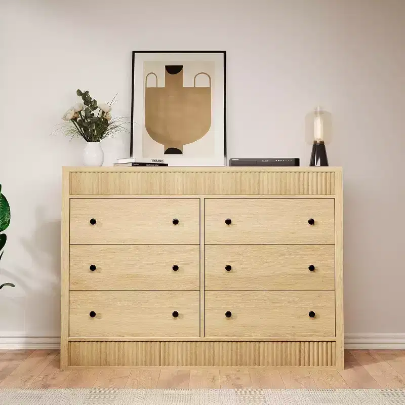 6 Drawer Dresser for Bedroom,Wooden Fluted Chest of Drawers,Modern Oak Storage Organizer for Living Room,Hallway, Entryway