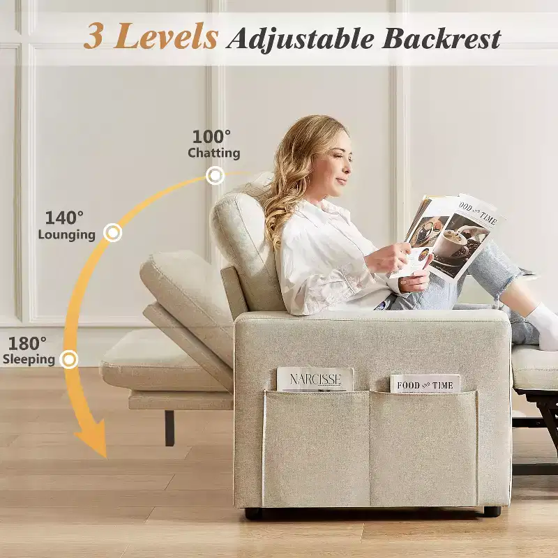 42.5 Inch 3-in-1 Sleeper Chair Bed, Convertible Sofa Chair with Pull Out Bed, Adjustable Backrest, Side Pockets