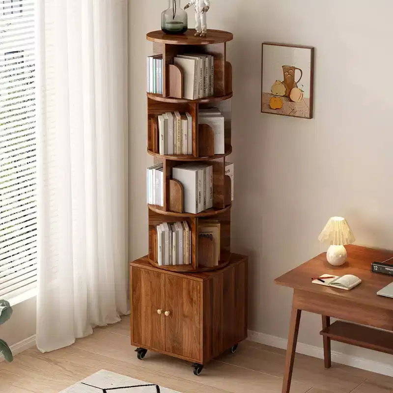 Rotating Bookshelf, 5-Tier Floor Standing Bookcase with Drawer and 360-Degree Rotation, Narrow Wood Organizer