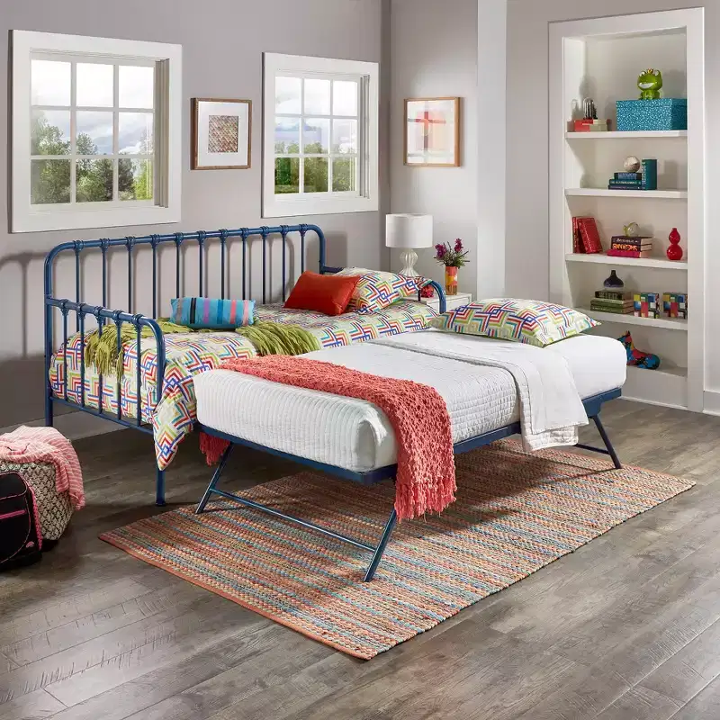 Twin Daybed with Lift-Up Trundle – Converts to 2 Beds, Iron Frame, Navy Blue, Industrial Style