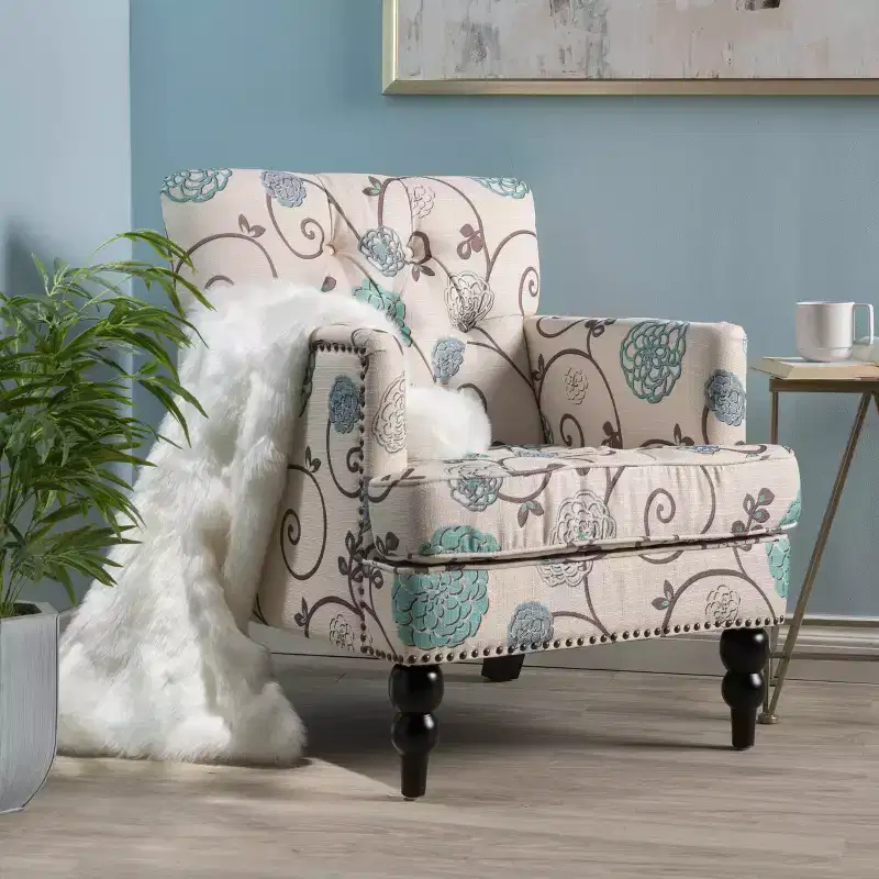 Tufted Club Chair - White/Blue: Upholstered Accent, Floral Pattern, Hardwood Frame