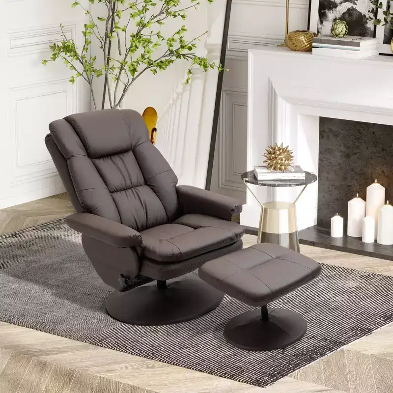 PU Leather Recliner Chair with Ottoman, Swivel Recliner and Ottoman with Round Wrapped Base for Living Room