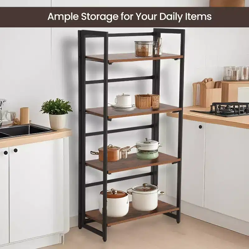 Industrial Bookshelf, Folding Bookcase, 4-Tier Ladder Shelf, Wood Look Accent Furniture with Metal Frame, for Home Office