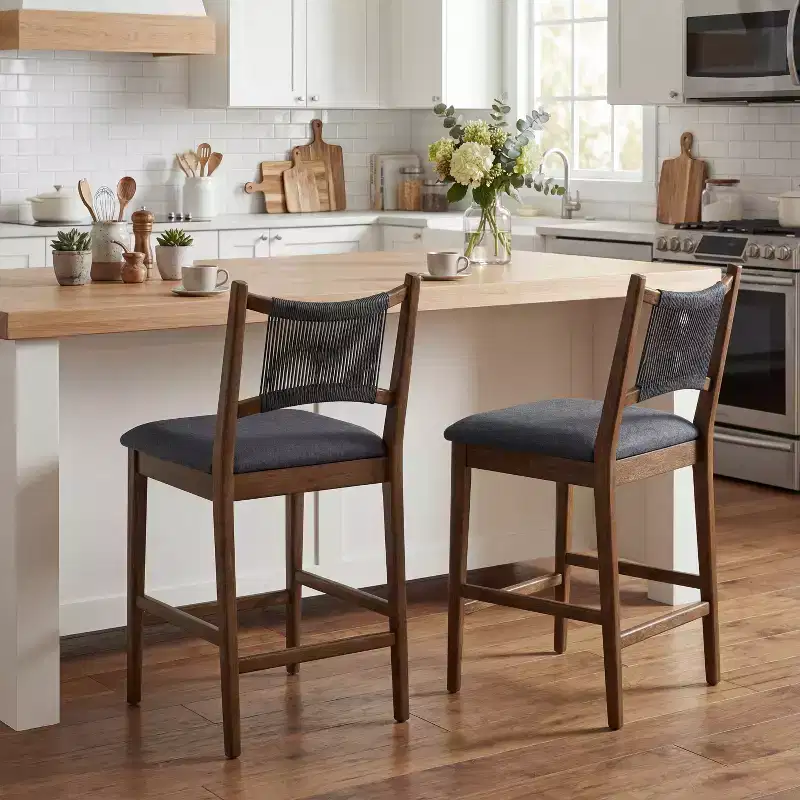 Set of 2 Modern Rubberwood Upholstered Counter Stools with Woven Rope Backrest, 300 lbs