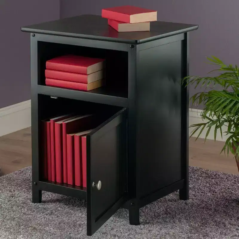 Black Hardwood End Table with Hidden Storage Compartment & Open Shelf, 25