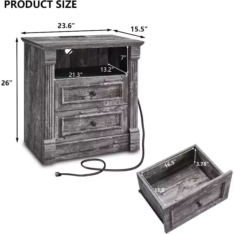 26 Nightstand with Charging, 23.6 Farmhouse Table Open Shelf & 2 Drawers
